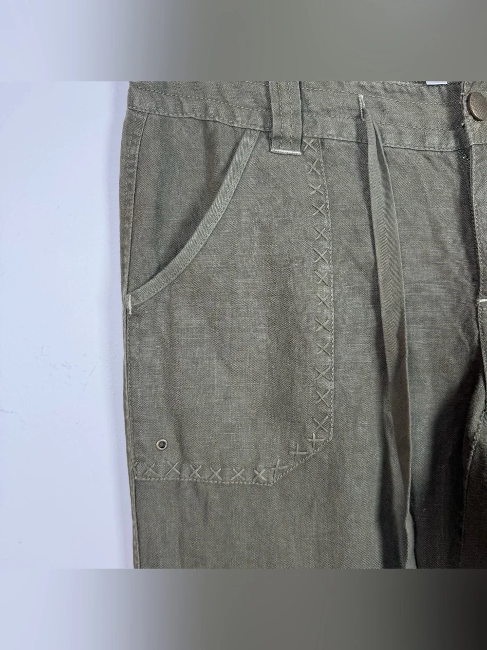 Cabi Olive Green 100% Linen Wide Leg Whipstitch 882 Trouser Pants Lagenlook Sz 8